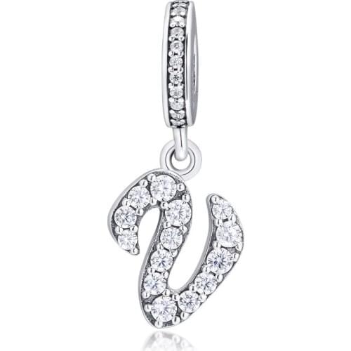 Beads fits for Bracelets Necklaces Shining Letter V Dangle Charms 100% 925 Sterling-Silver-Jewelry Free Shipping