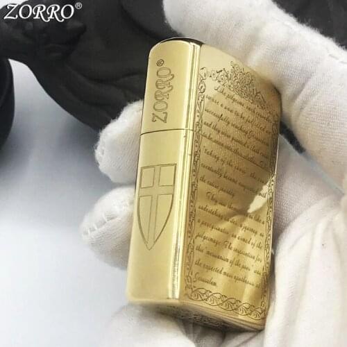 Zorro Kerosene Lighter Pure Copper Brass Carving Praise Cross Army Pattern Gasoline Lighter Men Gift Outside Tool