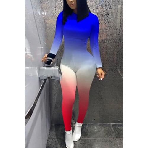Color Blocking Long Sleeve Jumpsuit Women Overalls Fashion Sexy Gradient Skinny Sport Suit Jumpsuit Ladies Club Party Set