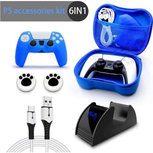 6in1 PS5 Controller Accessories Kit Include PS5 Gamepad Case Joystick Cap Control Charging Dock Station Charger Cable Travel Bag