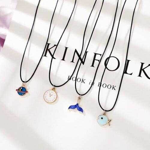 Lovely Girls Cartoon Planet Fish Pendants Necklaces for Women Couple Girlfriend Students Rope Chain Necklace Jewelry