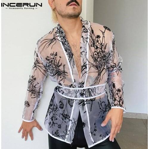 Men Shirt Printed Mesh See Through Open Stitch Long Sleeve Tops With Belt Streetwear 2021 Sexy Casual Party Camisa INCERUN S-5XL