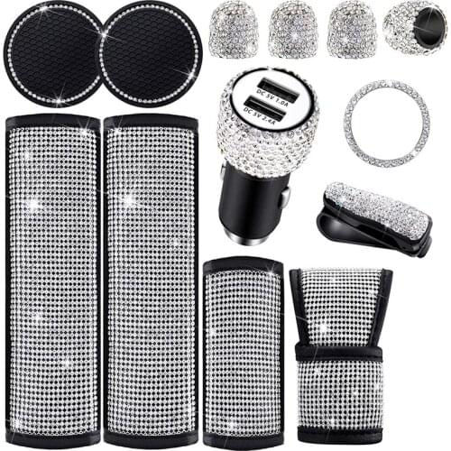 Crystal Diamond Car Accessories kits Bling Car Gear Shift Cover Handbrake Cover Car Seat Belt Covers Bling Auto Interior Decor