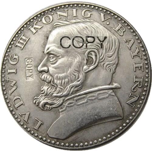 GERMAN 1913 CU Pattern 5 Mark German ST Bavaria Ludwig III Silver Plated Copy Coin