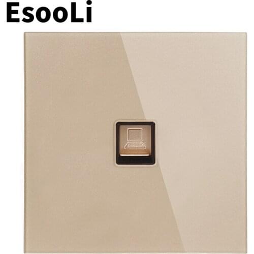 EsooLi Gold Luxury Crystal Tempered Glass Panel RJ45 Internet Jack Wall Data Socket Computer Outlet 86*86 Square DIY