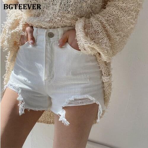 BGTEEVER Stylish Chic High Waist Ripped Tassel A-line Female Jeans Shorts Casual Women Denim Shorts 2021 Summer