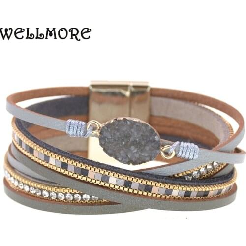 WELLMORE Charm Leather Bracelets For Women 2020 Fashion stone crystal Ladies Boho Multilayer Wide Wrap Bracelet Female Jewelry