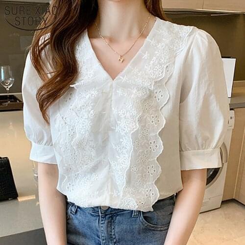 2021 Loose Hollow White Tops Summer Ruffles Lace Chiffon Shirt Ladies Korean V Neck Puff Short Sleeve Floral Blouse Women 15270