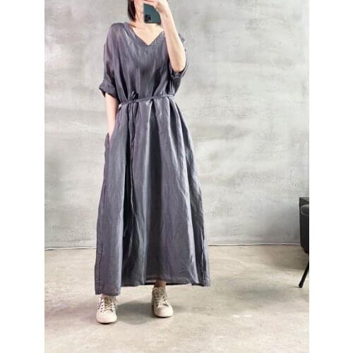 Women Loose V Neck Solid Color Vintage Ramie Dress Ladies Simple Mori Girl Ramie Dresses Female 2020 Summer Ramie Dress