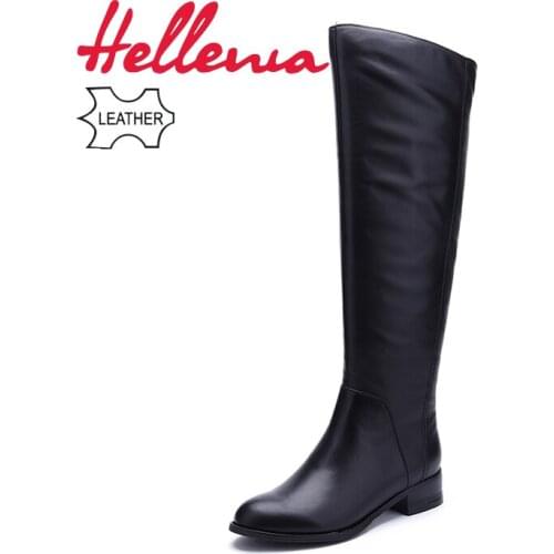 Hellenia womens boot spring & autumn knee-high genuine leather black velvet lining handmade high quality boots ladies fashion