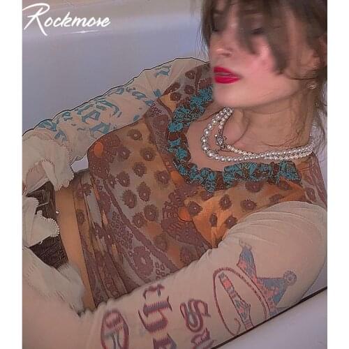 Rockmore Fairy Grunge Mesh T-shirts Women Aesthetics 90s Y2K Slim Flare Sleeve Crop Tops Kawaii Egirl Vintage Retro Pattren Tee