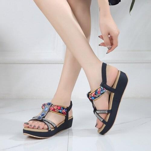 Fashion Rhinestone Slippers Women Wedges Slope Sandals New Arrivals Summer Shoes Woman High Pumps Sexy Square Heels