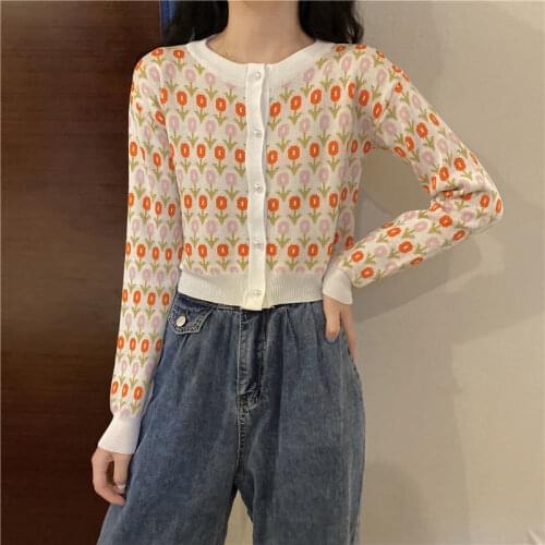 Woman Sweaters Cardigan Winter Same Style Pearl Buckle Jacquard Flower Slim Sweater Sweater Cardigan For Sueters De Mujer