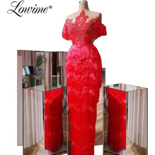 Robe De Soiree Applique Illusion Neckline Women Evening Dress Tassel Red Party Dresses Straight Mother Of The Bride Dresses 2019