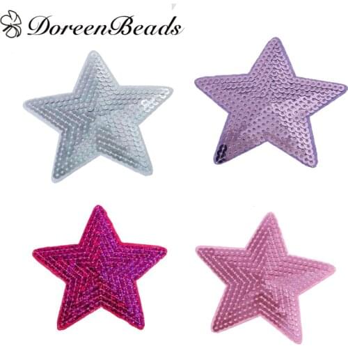 3Pcs Polyester Patches Appliques DIY Sewing Scrapbooking Craft Pentagram Star Shape Purple Fuchsia Silver Color Pink Sequins