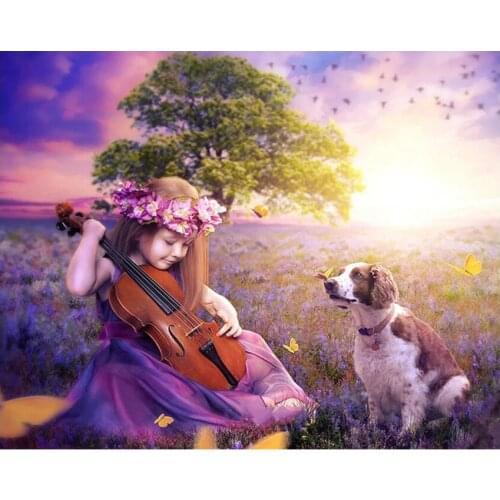 Diamond Embroidery Diy 5D Diamond Painting Violin Girl And Dog Sunset Diamond Mosaic Cross Stitch Kit Needlework DecorZP-4851