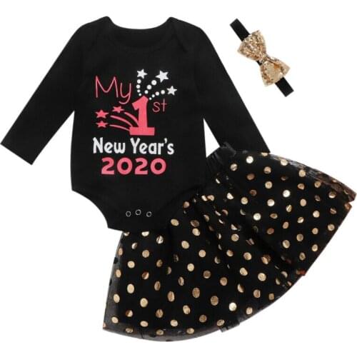 0-24M 2020 New Year Toddler Baby Girls Letter Print Bodysuit Tops +Mesh Dot Print Skirt +Headband 3pcs Outfit Clothes