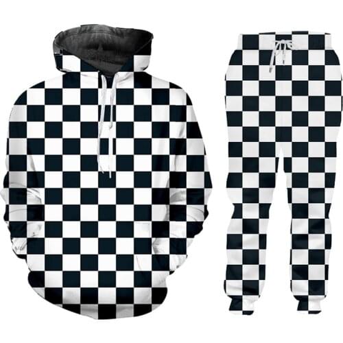 UJWI Black and white plaid Checkerboard Casual Streetwear Sweatshirt And Pants 3d Crewneck Hoodie Pullovers Men/Women Tracksuit