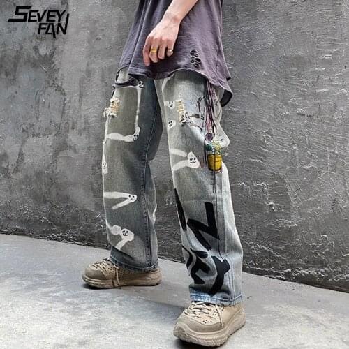 Devil Graffiti Hip Hop Jeans Ripped Baggy Vintage Blue Jean Pants Oversized Harajuku Fashion Hole Denim Pant Vintage Trousers