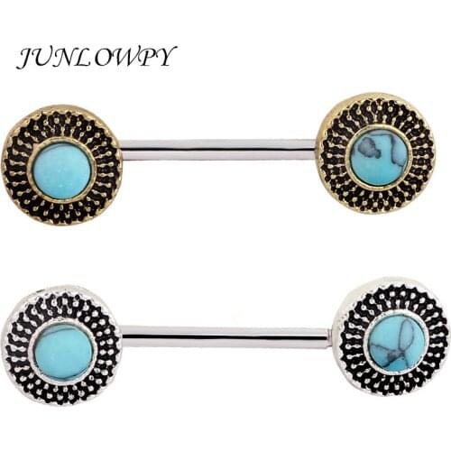 JUNLOWPY Nipple rings Nickel free fashion woman body piercing Body jewelry Turqoise Wholesale lot 14G Surgical Steel bar