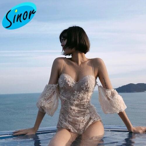 Swimsuit Womens One-Piece Fairy Style Sexy Lace Long-Sleeved Belly Covering Slim Small Bust Gathering New Swimsuit