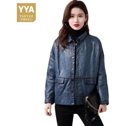 Retro Lady Square Collar Real Leather Jackets Office Sheepskin Loose Fit Jacket Streetwear Single Breasted Outerwear Female