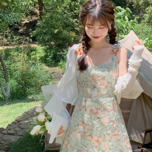 Maxi Dresses for Women French Lace Floral Sling Dress Female Summer New Korean Style High Waist Thin A-line Skirt