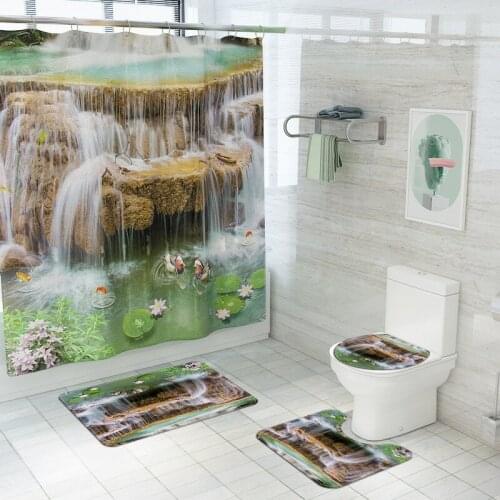 Scenic Printed Bathroom Carpet Set Bath Mat and Shower Curtain Set Toilet Rugs Toilet Seat Cover Non-slip Bathroom Floor Mat