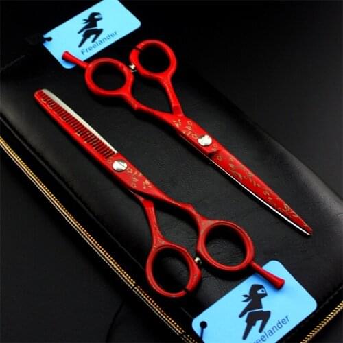 Professional 6 inch Japan 440C Red Hair Scissors Hairdressing Salon Straight Thinning Barber Scissors Haircut Styling Tools