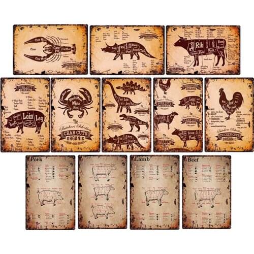 Butcher Shop Tin Signs Retro Farmhouse Decor Kitchen Plaque Beef Poster Cafe Wall Decoration Home Decor 20x30cm