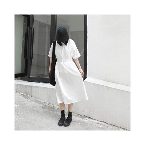 The Dress 2020 new style summer closes the waist to show thin temperament round neck leisure tight waist Poplin mid-long secti