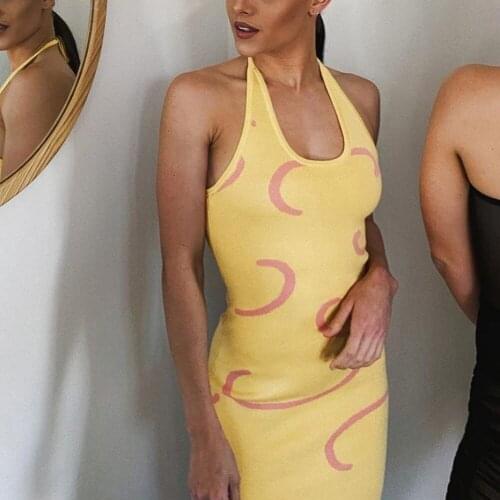 Casual Knitted Long Slim Yellow Fashion Open Back Summer Dress 2021 New U-Neck Sleeveless Dress For Women