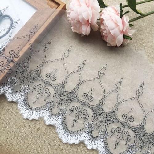 Wide 19CM high quality mesh black line hook lace trim flower unilateral embroidery lace fabric dress wedding dress lace