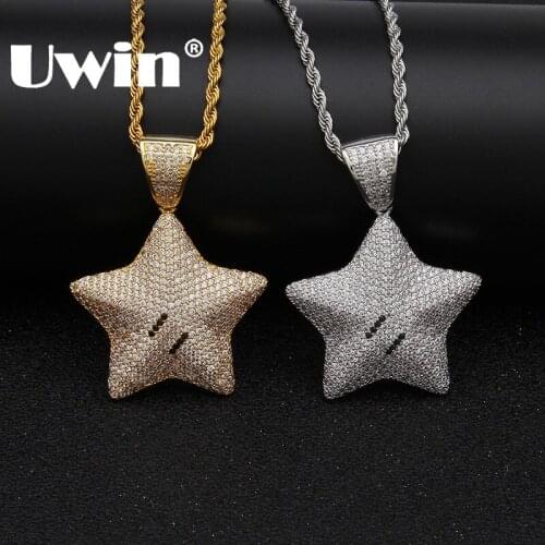 Uwin Micro Paved Iced Shiny Star Pendant Necklace For Men/Women Hiphop Silver Color Rope Chain Pentagram Fashion Jewelry