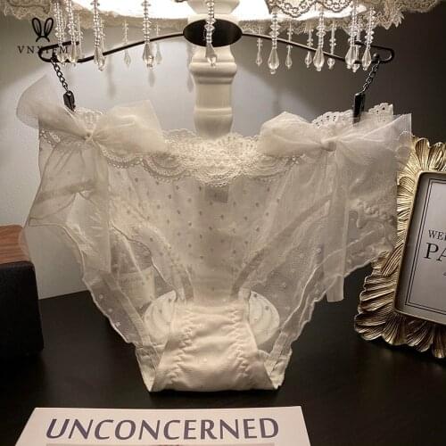 VNXIFM Japanese and Korean lace bowknot net yarn girl underwear cute polka dot briefs cotton crotch French romantic underwear
