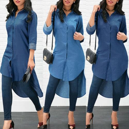 Long Fashion Women Denim Shirt Long Sleeve Loose Lady Fashion Casual Jean Shirt Summer Tops Denim Shirt