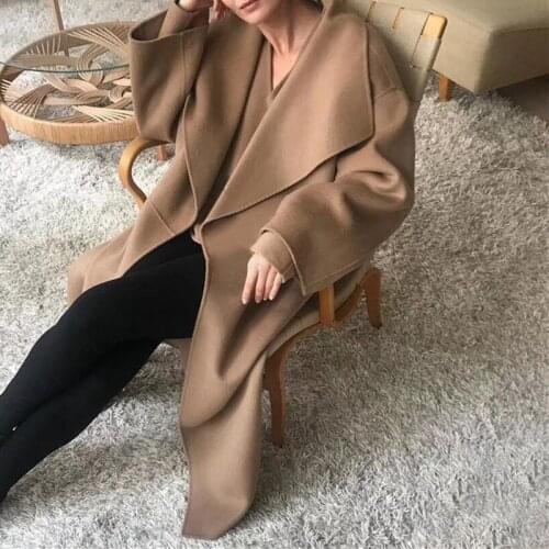 Women Double-Sided Woolen Mid-Length Coat Autumn Winter 2021 Loose Long Sleeve Ladies Side Slit Jacket Femme Fashion Outwear Top