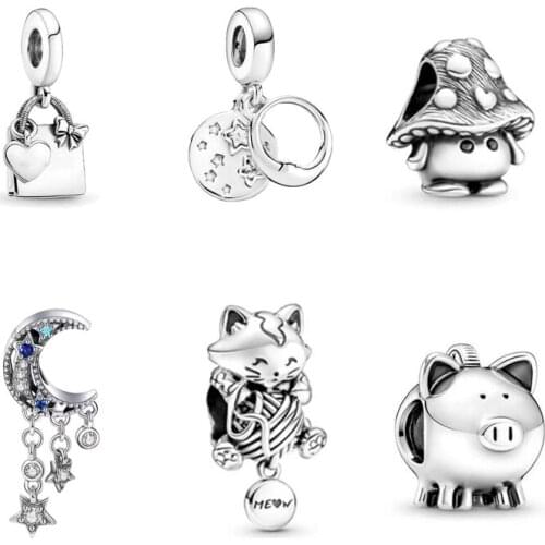 5PCS Heart Bow Tote Bag Charms Animal Pig Mushroom Cat With Woolen Yarn Gypsophila Moon Beads Fit DIY Pendant Jewelry Accessoies