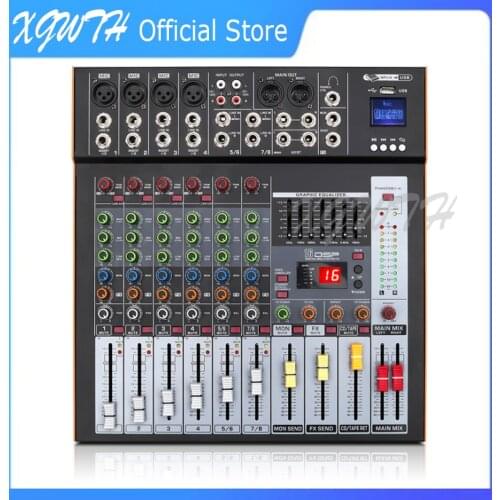 8 Channel Mixer DJ Studio Audio Mixing Console with 16 Digital Reverb Effect 7-band Equalization USB Bluetooth 48V Phantom Power