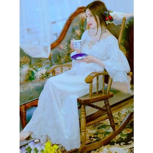 Free Shipping 2017 New 100% Cotton Princess Nightdress Long White Pijamas Womens Nightgown Sleepwear Ladies Nightshirt negligee