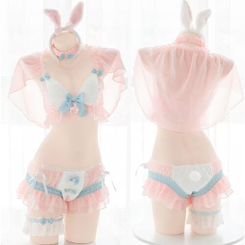 Lolita Bra Suit Sweet Lovely Rabbit Pajamas Ruffles Bow Uniform Set Cute Cream Dessert Bunny Intimate Underwear Set Pink Sexy