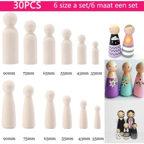 30PCS Wooden Peg Dolls Family Home Decor Girl Boy Dolls Unfinished Wood Family Dolls DIY Paint 90mm,75mm,65mm,35mm 6 size set