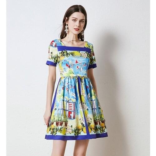 Elegant Square Collar Floral Print Runway Short Dress Summer Women Short Sleeve Mini Party Robe Beach Vestidos k372