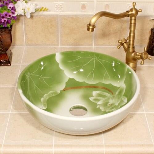 Europe Vintage Style Hand Painting Art Porcelain Countertop painted ceramic bathroom sinks lotus handmade green