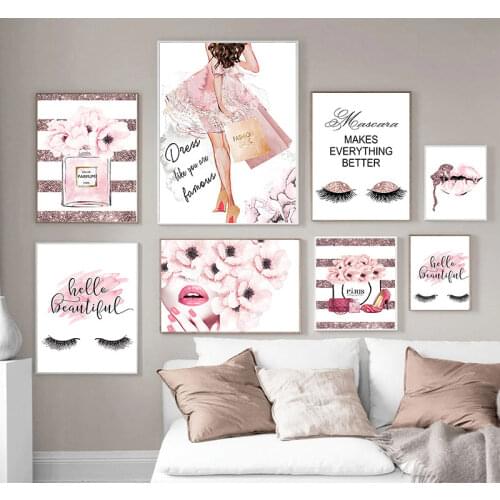 Painting Wall Picture Modern Girl Room Home Decoration Pink Flower Perfume Fashion Poster Eyelash Lips Makeup Print Canvas Art