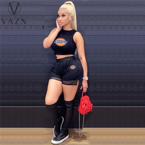 VAZN 2021 Summer High Street Sport Wear Letter Young Sexy Tracksuits Short Sleeve Short Pants Skinny Women 2 Piece Set