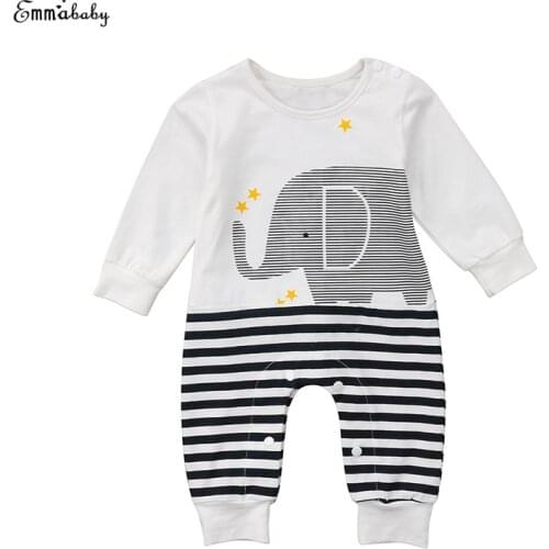 0-18M Cute Newborn Baby Boy Girl Elephant Striped Long Sleeve Cotton Romper Jumpsuit Playsuit Outfits Baby Clothes