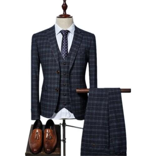 Jacket+Vest+Pants) 2019 Grid Men Suits Fashion Wool Mens Slim Fit Business Wedding Suit Men Grooming Suit 3 Colors Cutom Suit