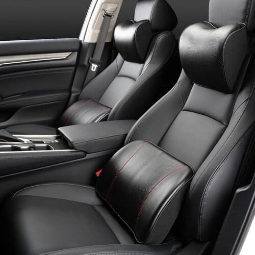 Genuine Leather Car Neck Pillow Set Memory Foam Auto Rear Seat Back Headrest Lumbar Supports Travel Cushion Cover Accessories