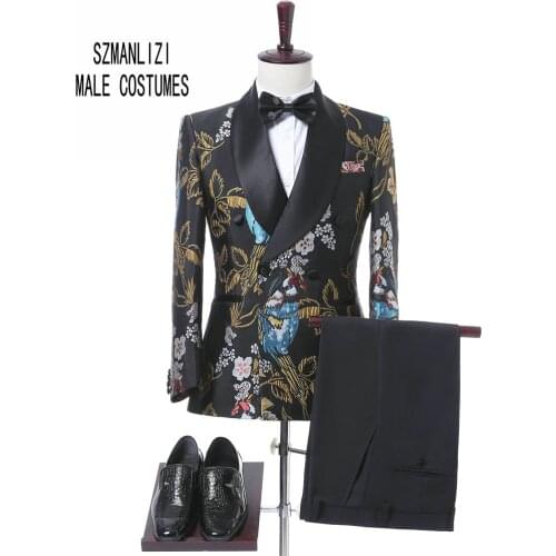 2018 New Elegant Brand Wedding Mens Suit Flower Double Breasted Suit For Men Slim Fit Groom Tuxedo Blazer Costume Homme Mariage